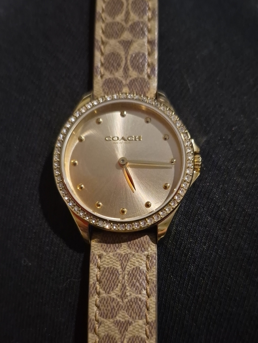 Authentic Coach Gold-Tone Crystal Bezel Women Watch Singature Leather Strap
